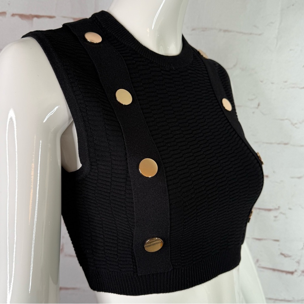 NEW ZARA S Black Sleeveless Crop Top Knit Vest Gold Button Accents Small NWT - Picture 9 of 15